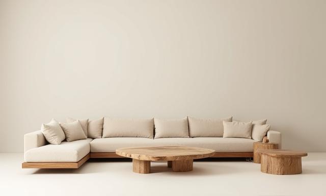 Modern desert-inspired furniture pieces, including a low-profile sofa and raw wood coffee table, against a neutral backdrop.